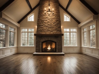 Tall Fireplace With Vaulted Ceiling And Tall Windows