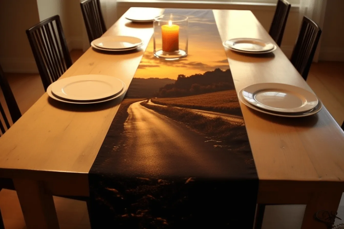 Sunset road table runner, photo-realistic still life, photo-realistic landscapes, light black and light amber, flickr, holotone printing, danish design, celebration of rural life