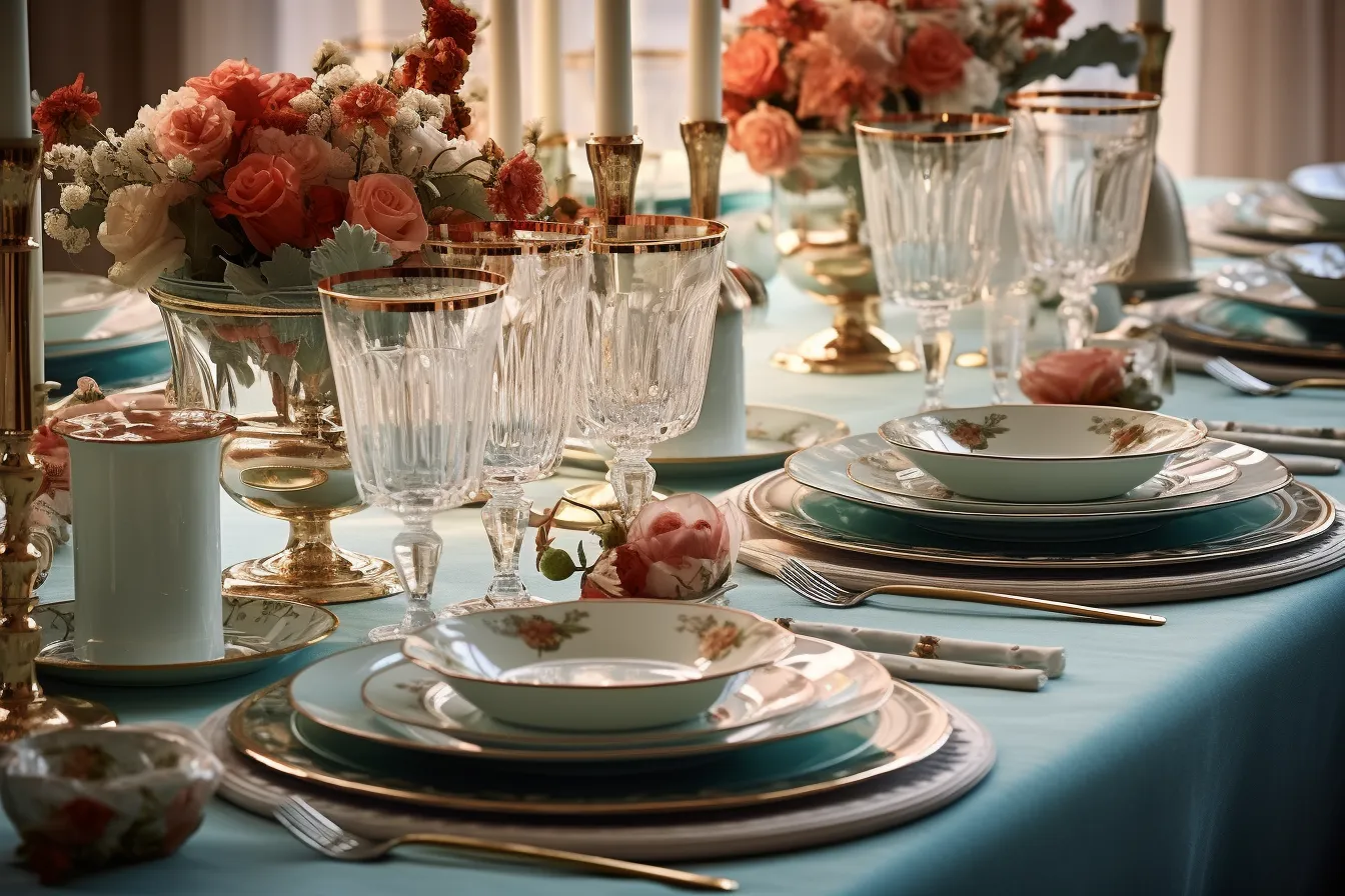 Table set with vintage florals and silverware, light red and dark aquamarine, rococo extravagance, elegant, emotive faces, light gold and turquoise, neoclassicist, candid atmosphere, authentic details