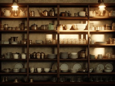 There Are Many Dishes And Pots On A Wooden Shelf