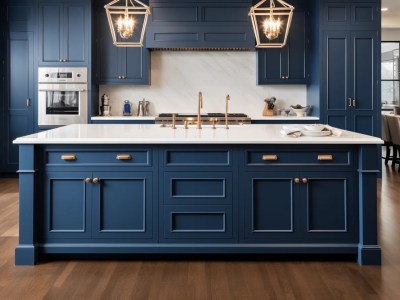 This Beautiful Kitchen Has Blue Cabinets, With A Large Center Island And Wood Flooring