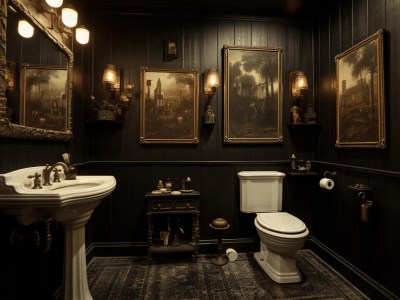 This Dark Brown Bathroom Has A Sink, Toilet And Antique Frames