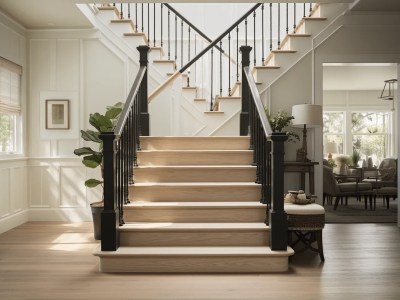 This Home'S Front Foyer Features A Staircase With Several Black Railings And Banisters