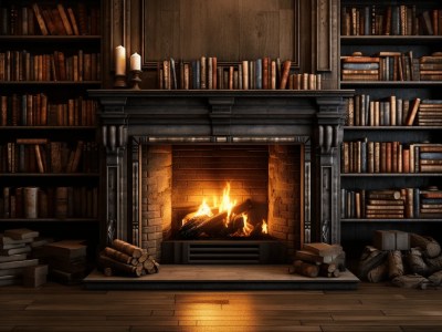 This Image Is Of A Fireplace In A Library With Books