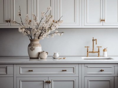 This Image Shows A White Kitchen With A Vase And Gold Dishes