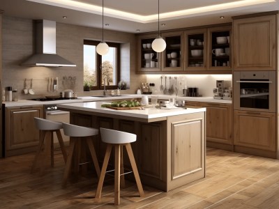 This Is A Detailed Kitchen With Wood Tables And Counters