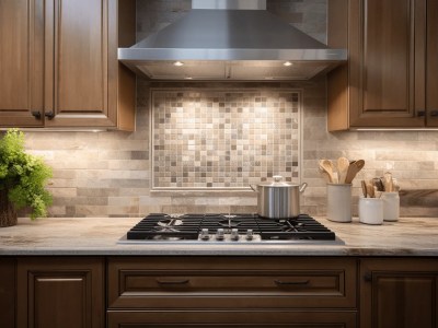 This Kitchen Has Brown Tile On Stove And Hardwood Floors