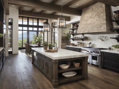 This Kitchen Has Wood Floors And A Stone Countertop