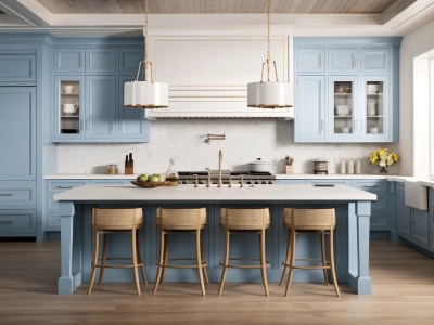 This Kitchen Is Decorated In Light Blue Colors And Has Many Chairs On It