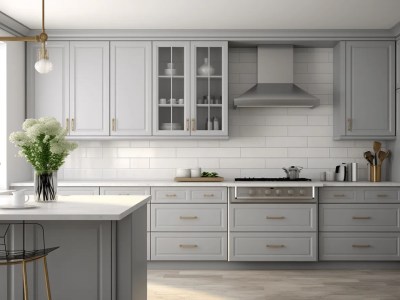 Three Dimensional Rendering Of Grey Kitchen Cabinets With A Gold Faucet