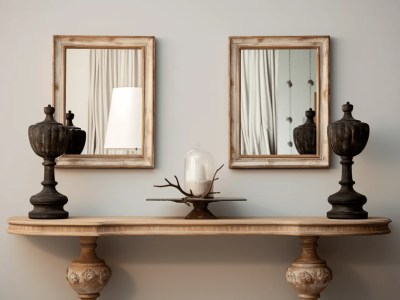 Three Mirrors And Two Vases On An Old Wooden Table