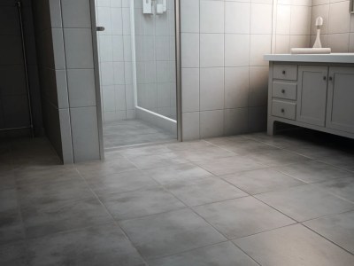 Three Point Perspective Of A Gray Tiled  Floored Bathroom With The And A Sink