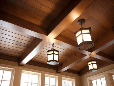 Three Wood Ceiling Lighting Fixtures In An Open Living Room