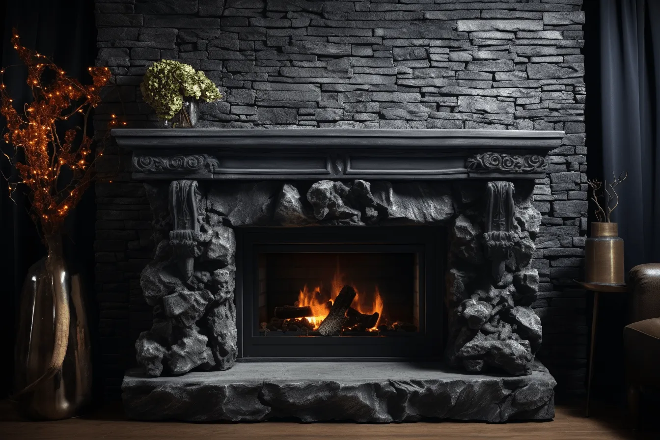 Fireplace features red brick walls and large stones, dark tonality, intricately sculpted, dark, moody landscape, utilizes, monochromatic color scheme, cabincore, ornate