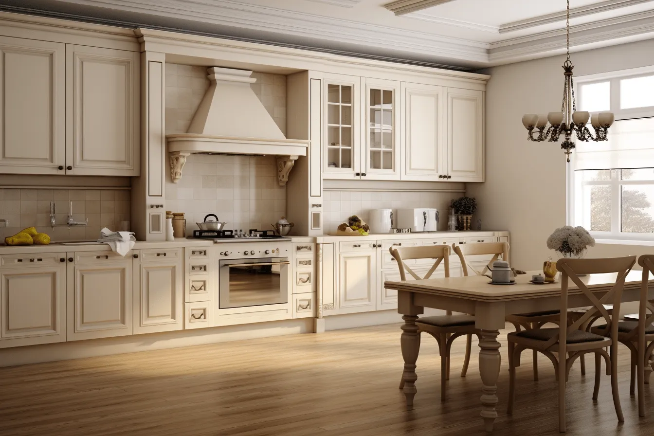 This house has a big kitchen, sepia tone, uhd image, soft and dreamy atmosphere, high detailed, ivory, baroque energy, delicately detailed