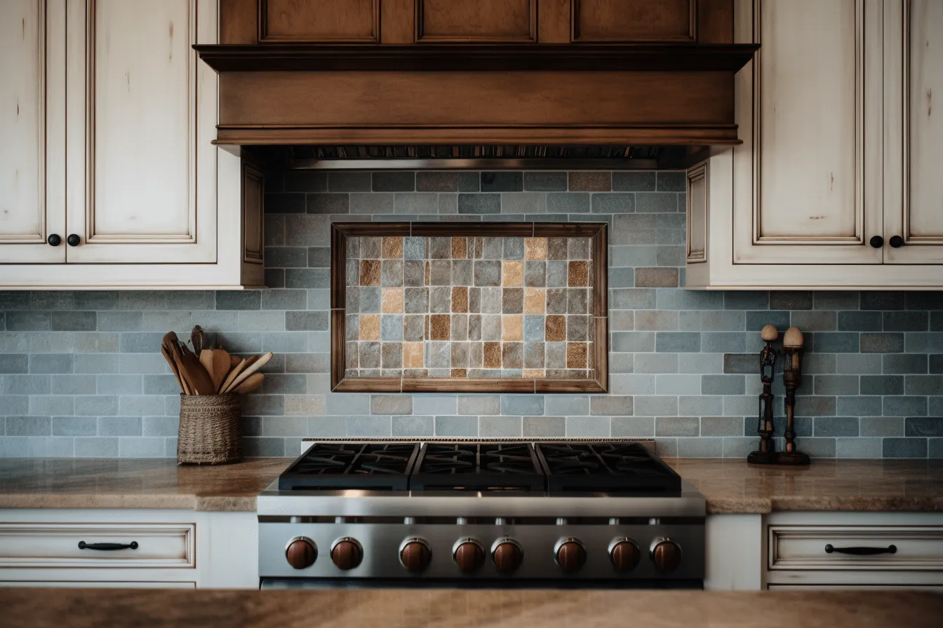 Kitchen is shown with tiled backsplash, a stove and wood cabinets, light blue and dark amber, selective focus, 32k uhd, quadratura, rustic scenes, symmetrical arrangement, high resolution