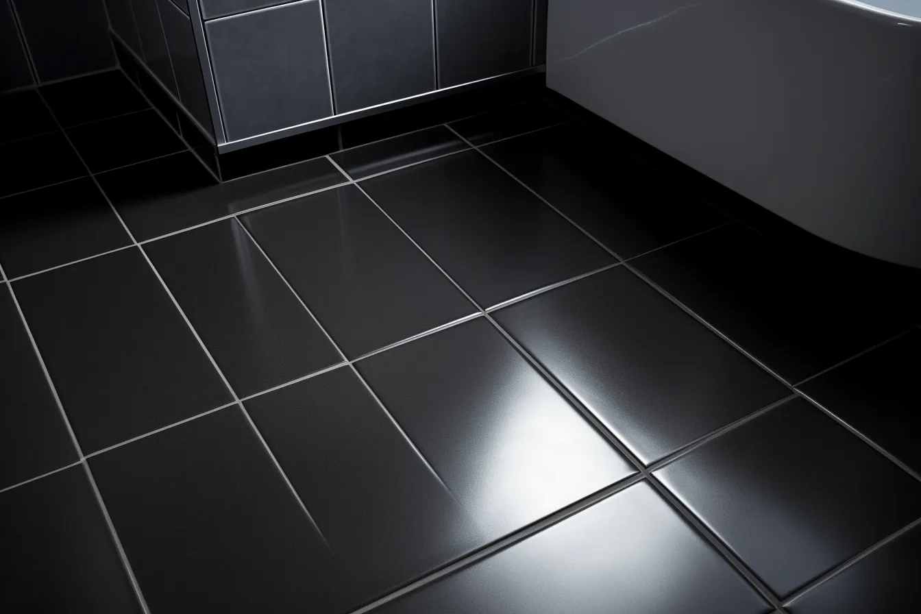 Tile floor design in bathroom stock video footage, dark black and silver, uhd image, low resolution, shiny/glossy, solarization, high-angle, matte photo