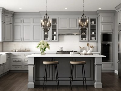 Traditional Kitchen With Gray Painted Cabinets, A Bar Stools And Wood Flooring