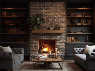 Traditional Wooden Living Room With Fireplace And Bookshelf