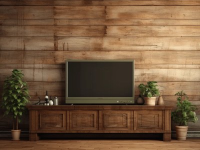 Tv With Plants And Wood On A Cabinet