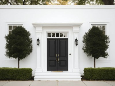 Two Black Front Doors On A White House