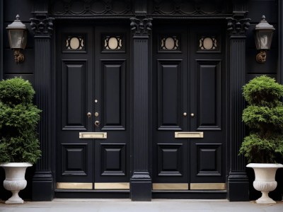 Two Double Black Doors Sitting On A Sidewalk