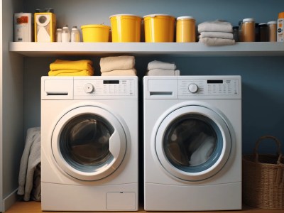 Two Washing Machines Are In A Room With Yellow Walls