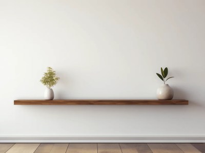 Two Wooden Shelves Sitting On An Empty Wall With Plants In Them