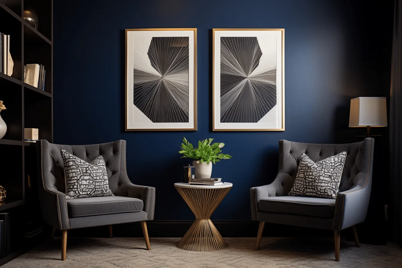 Formal home office with navy walls and grey furnishings, illusory images, textured abstracts, graphic and symmetrical, dark white and bronze, precisionist art, two dimensional, radiating lines