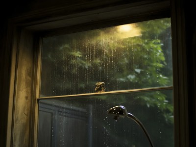 Utensils And A Showerhead On A Window With Rain Down On It