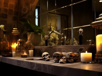 Various Skulls Are Placed By The Sink With Candles