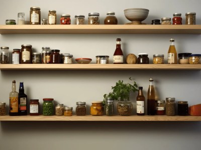 Various Spices And Other Foods On Shelves In Kitchen