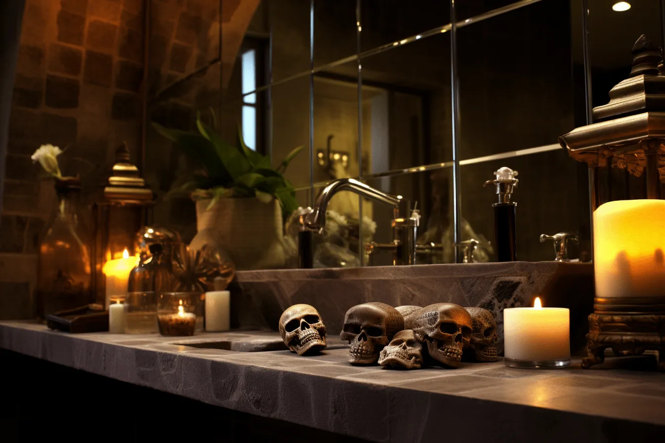 Skull is on sink, illuminated interiors, romantic scenery, organic stone carvings, atmospheric ambiance, dark silver and brown, uhd image, bold structural designs