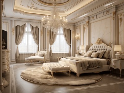 Very Elegant Bedroom With White Marble Walls And Gold Trim