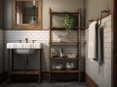 Vintage Bathroom With A Wooden Shelf And White Tile