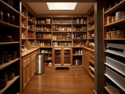 Walk In Pantry Is Shown With Many Shelves Lined With Wood