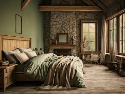 Warm Autumn Bedroom With Stone Walls And A White Bed