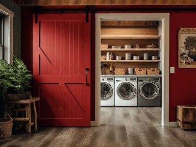 Washing Machine And Dryer In The Space Behind A Red Barn Door