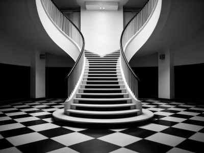 White And Black Spiral Staircase With White Checkered Floor Stock Photo