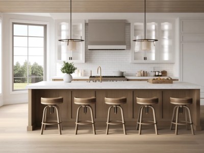 White And Brown Kitchen With Three Stools And Wood Counter Tops