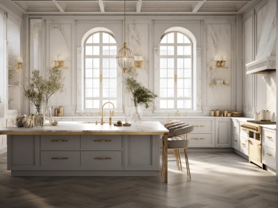 White And Gold Kitchen With Marble Counter Tops