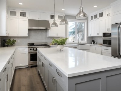 White And Silver Kitchen With Wood Floors