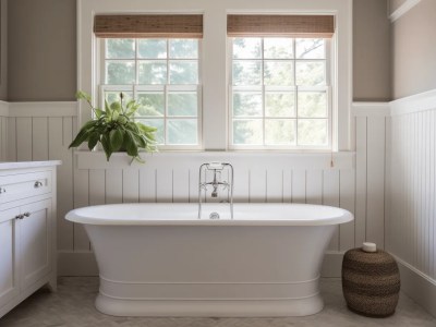 White Bathtub Is Sitting In Front Of A Window