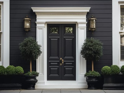 White Black Front Door With Pots On Pots