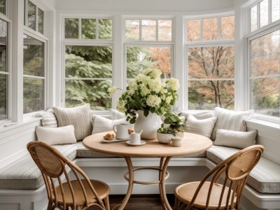 White Dining Room And White Window Seat With Flowers And Wicker Chairs