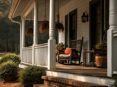 White Front Porch With Wooden Seat And Potted Trees