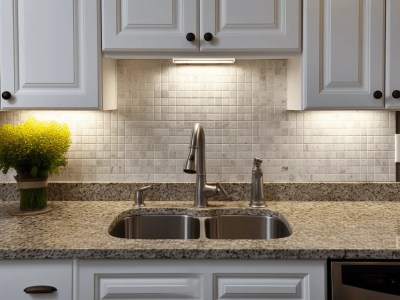 White Kitchen Cabinet With A Sink And A Marble Counter Top