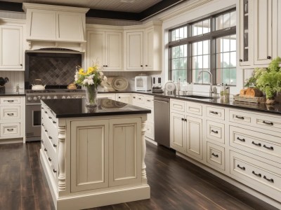 White Kitchen Cabinets With Black Counter Tops And Center Island