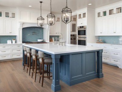 White Kitchen Cabinets With Blue Island