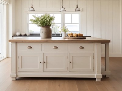 White Kitchen Island With Drawers And Two Bowls Of Flowers